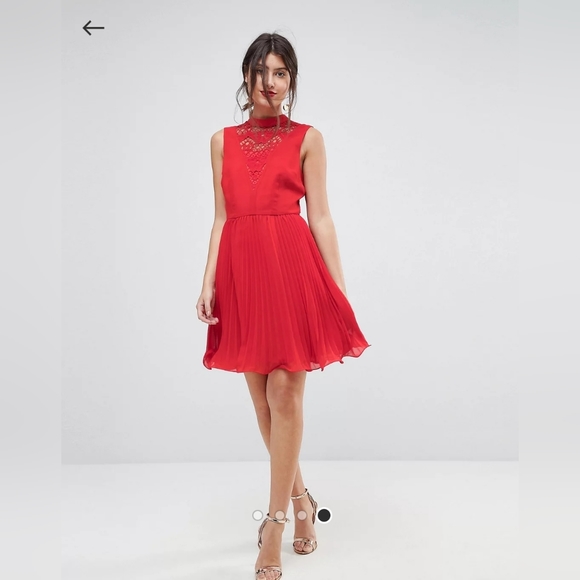 ASOS Sleeveless Lace Insert Pleated Mini Dress - Picture 1 of 4